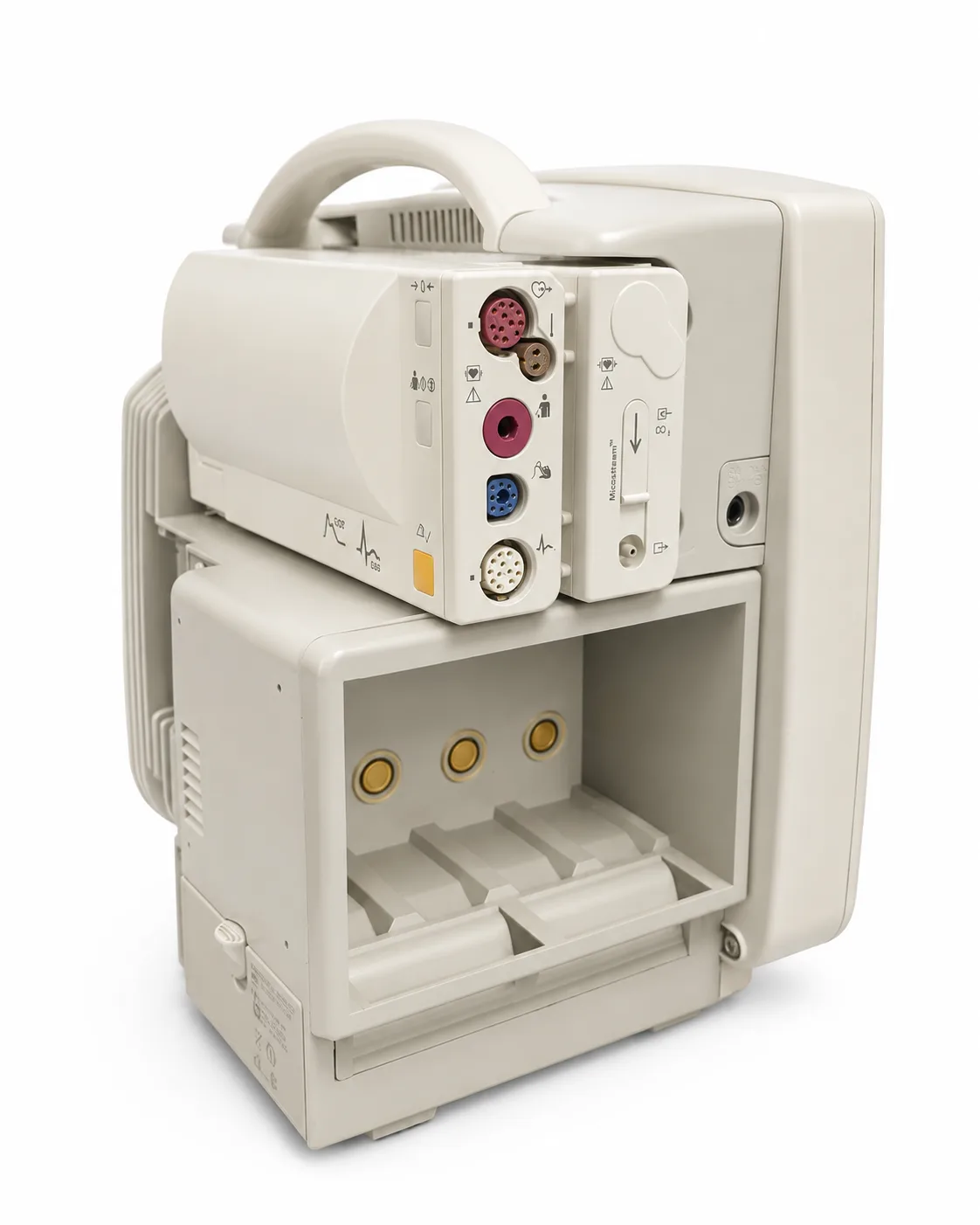 Philips IntelliVue MP50 Patientenmonitor - wahlweise mit CO2-Modul M3015A oder Gasmodul G5 - gebraucht & refurbished – Seitenansicht M3001A M3015A MP50 Philips