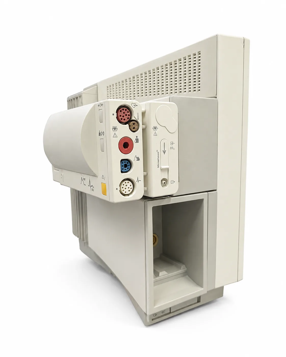 Philips IntelliVue MP70 Patientenmonitor - wahlweise mit CO2-Modul M3015A oder Gasmodul G5 - gebraucht & refurbished – Multi-Measurement-Modul mit aufgestecktem Sidestream-CO2-Modul M3015A (Microstream) und freiem Modulschacht, Seitenansicht
