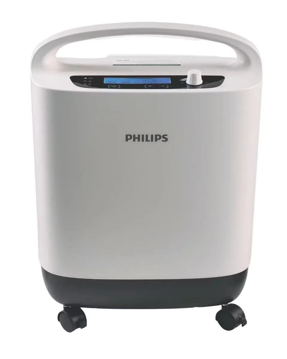 Philips Respironics Oxygenate 5 Sauerstoffkonzentrator – Weißer stationärer Philips Sauerstoffkonzentrator mit Tragegriff, Display und Rollen